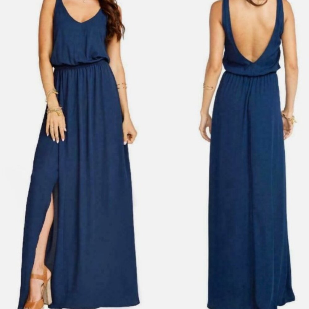 Show Me Your MuMu Deep Blue Maxi Dress V-Neck Backless Slit Skirt Casual XSmall